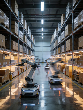 Robotic arm navigating warehouse aisle under bright industrial lightsの素材