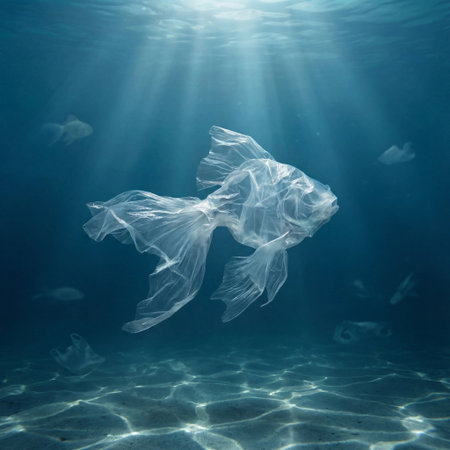 plastic waste resembling fish swimming in ocean emphasizing environmental issueの素材