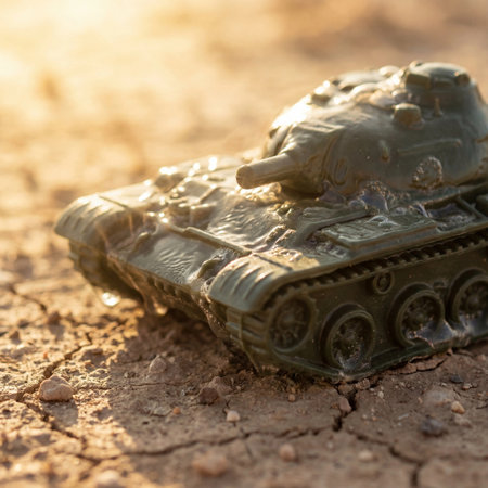 small toy tank covered with mud on dry groundの素材