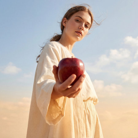Young woman offering red apple outdoors, symbol of choice, temptation and natural harmonyの素材