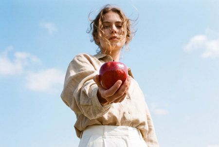 Young woman holding red apple toward camera under blue sky in daylight.の素材