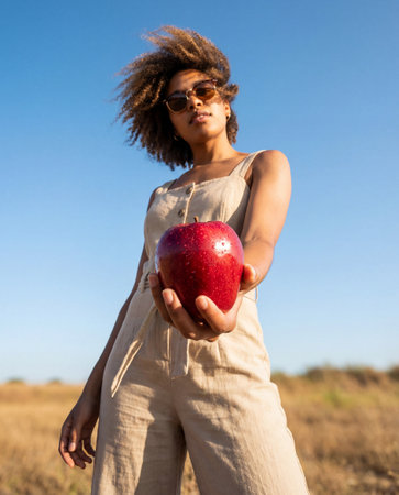 Woman in beige jumpsuit holding large red apple in sunny dry field.の素材