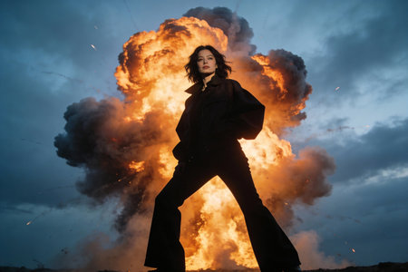 Woman standing in field with huge fire explosion and smoke behind her.の素材