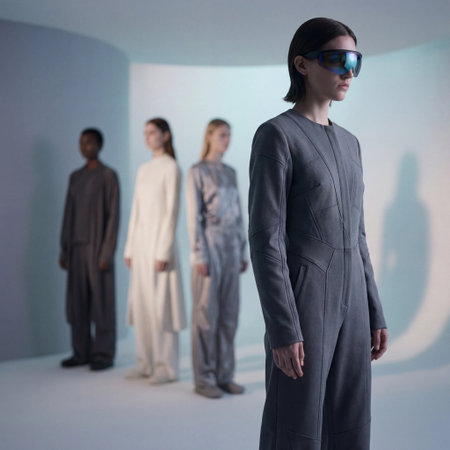 Futuristic woman in gray outfit wearing visor glassesの素材