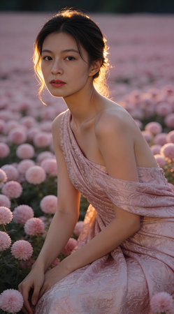 Woman sitting among pink flowers in natural summer fieldの素材