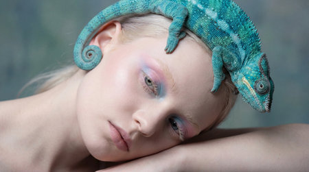 Chameleon lying on woman face in soft studio lightの素材