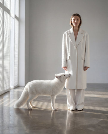 Woman in white suit with wolf in studio spaceの素材