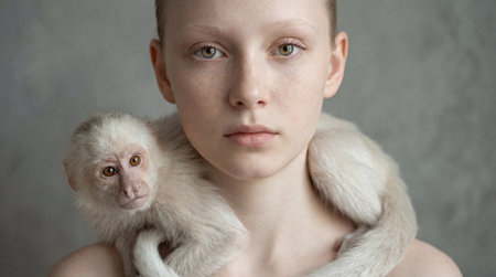 Portrait of woman with monkey resting on shouldersの素材