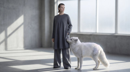 Woman standing with white wolf in minimal interiorの素材