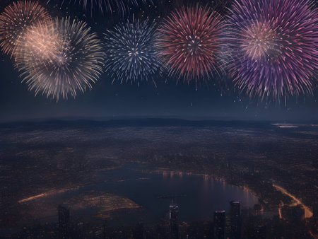 fireworks with the city in the backgroundの素材