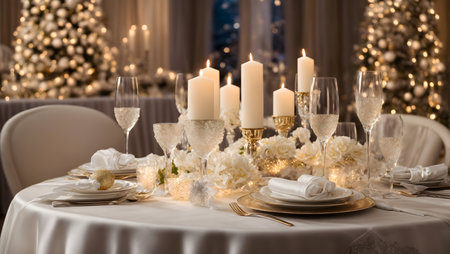 table with glasses of champagne for Christmas and New Yearの素材