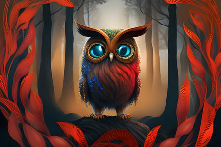 drawing of a red owl with blue eyesの素材