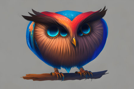drawing of a red owl with blue eyesの素材