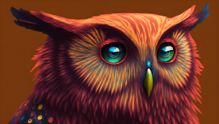 drawing of a red owl with blue eyesの素材