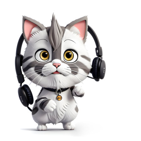 3d white cat with headphones listening to musicの素材