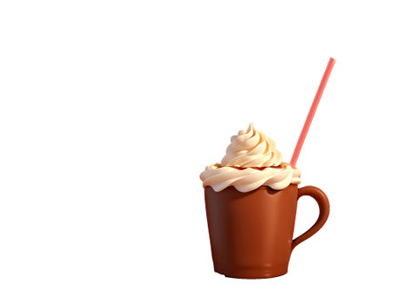 Chocolate milkshake with whipped cream on wooden table. 3d renderの素材