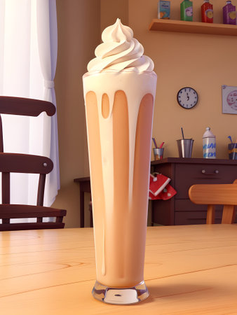 Chocolate milkshake with whipped cream on wooden table. 3d renderの素材
