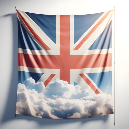 flag of united kingdom on a blue sky with cloudsの素材