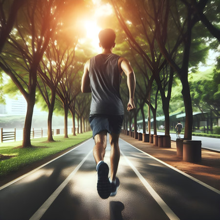 Man running through the park seen from behindの素材