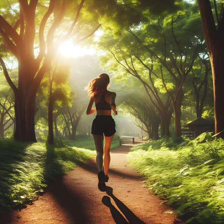 Woman running through the park seen from behindの素材