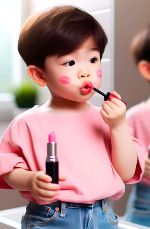 Child putting on makeupの素材