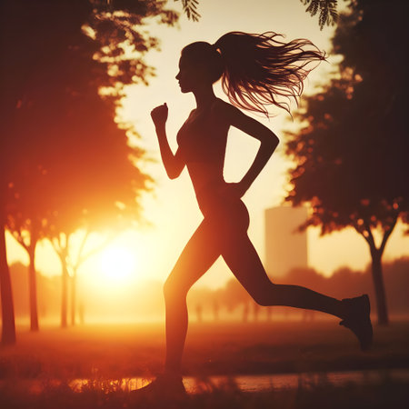 Woman running with sunsetの素材