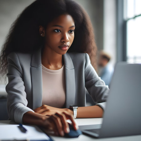 Black woman working in an office on the computerの素材