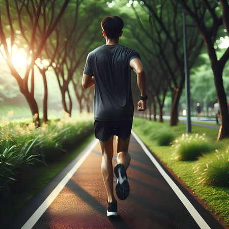 Man running through the park seen from behindの素材