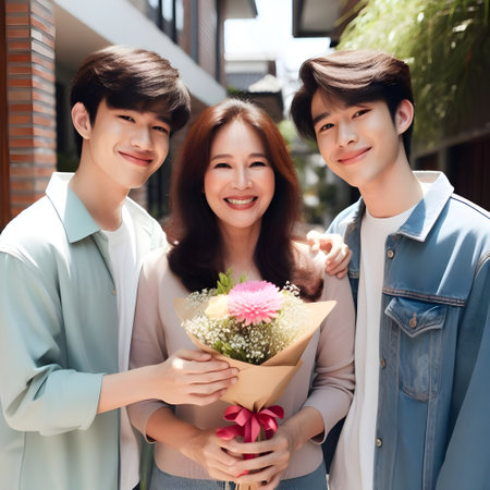Two teenagers giving their mother a gift for Mother's Dayの素材