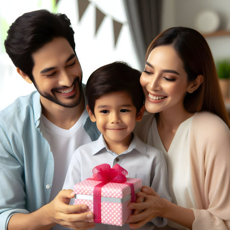 Young family giving each other giftsの素材