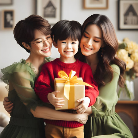 Little boy with his two mothers on mother's dayの素材