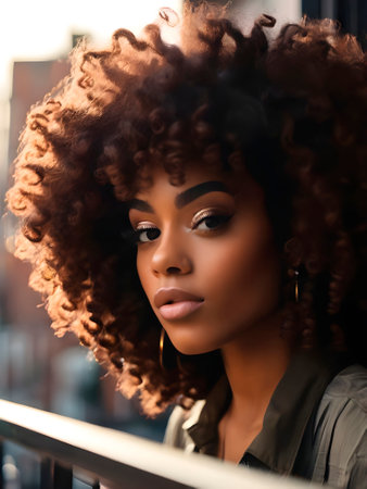 Closeup of black woman with afro hair looking at cameraの素材