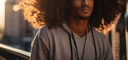 Close-up of a black man with afro hair whose eyes cannot be seenの素材