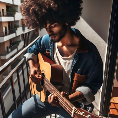 A young black man with afro hair playing the guitar on the balconyの素材