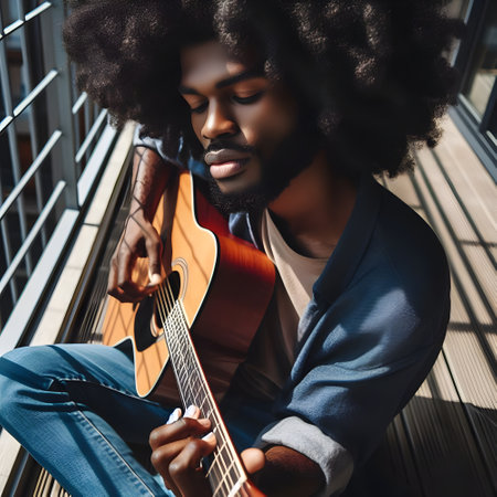 Black boy with afro hair playing guitar on the balconyの素材