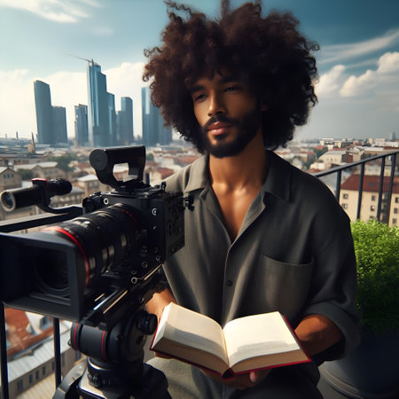 Black boy with afro hair reading in front of a cameraの素材