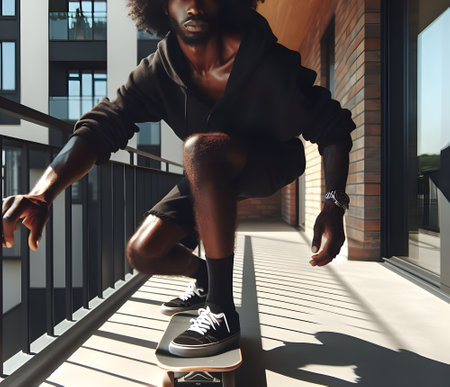 Black boy with afro hair riding on skateboardの素材
