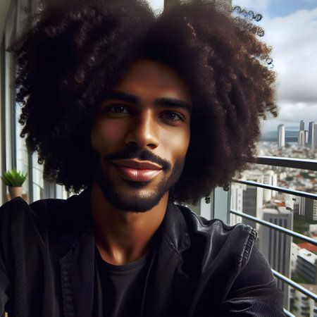 Black boy with afro hair looking at cameraの素材