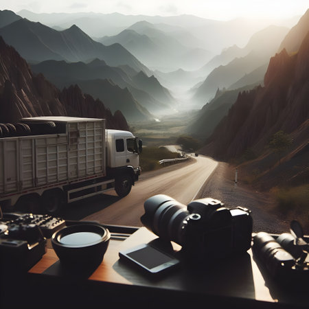 Truck on the road seen from behindの素材