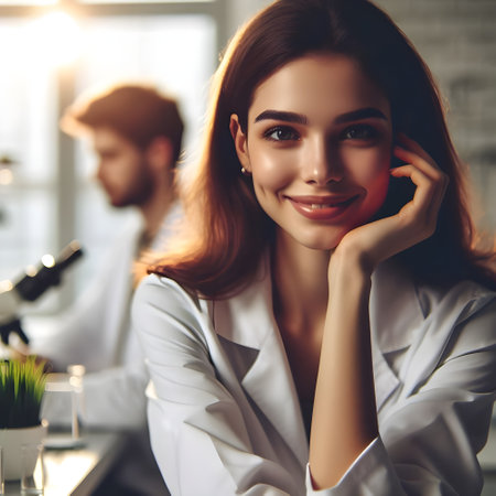 A woman in a white lab coat is smiling and leaning her head on her hand. She is surrounded by scientific equipment, including a microscope and a potted plantの素材