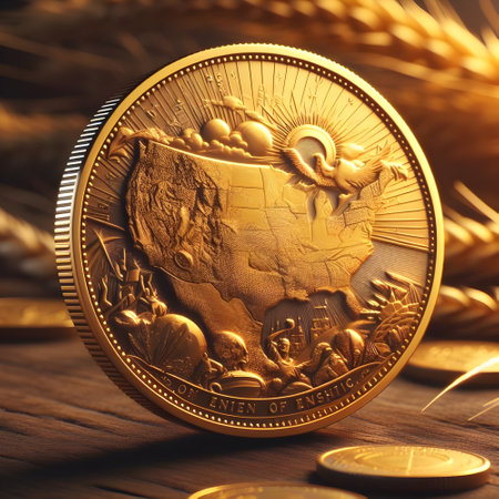 A gold coin with the United States on it. The coin is surrounded by other gold coins. Scene is one of wealth and prosperityの素材