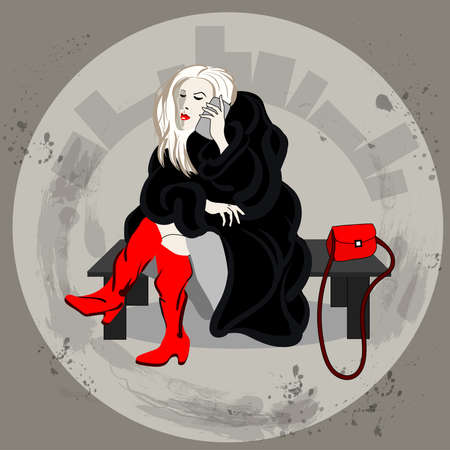 Vector girl sittimg on the bench with a phoneのイラスト素材