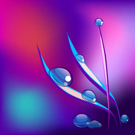 Vector water drops on blade of grass. Purple backgroundのイラスト素材