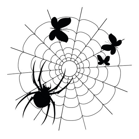 Vector black spider, butterflies and web silhouetteのイラスト素材