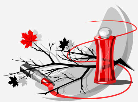 Vector still life with a bottle of perfume, lipstick, branch and marple leavesのイラスト素材