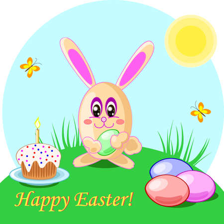 Vector illustration of easter rabbit eggs and cake. Holliday cardのイラスト素材