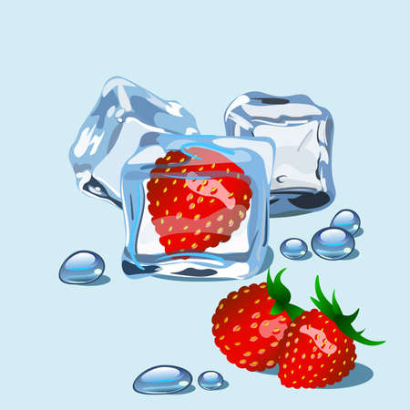 Strawberry frozen in ice cube with drops of water isolated.のイラスト素材