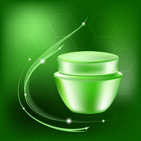 Vector cream jar with glares and light on the green background,のイラスト素材