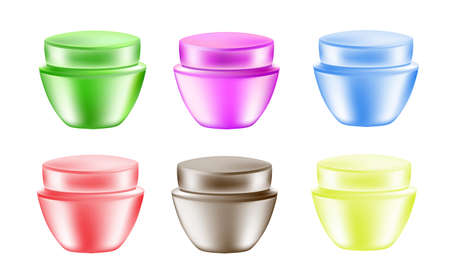 Round jars in different colors for cosmetics - body cream or other cosmetological remedy . Vector illustration.のイラスト素材