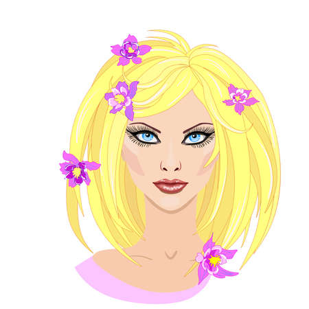 Beautiful blonde girl with flowers in hair in flat style. Vector illustration isolatedのイラスト素材